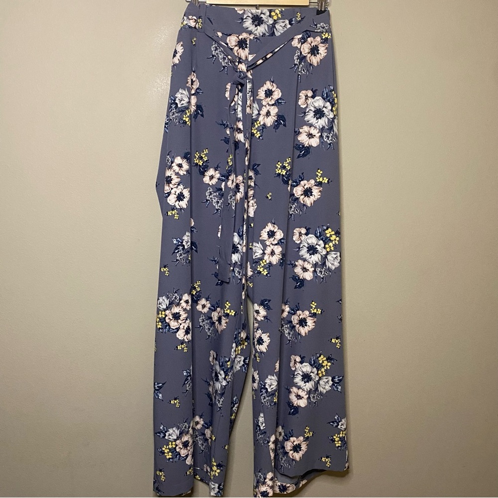 Torrid Wide Leg Pants Women 4X Gray Yellow Floral Crepe Waist Tie Pull On Flowy